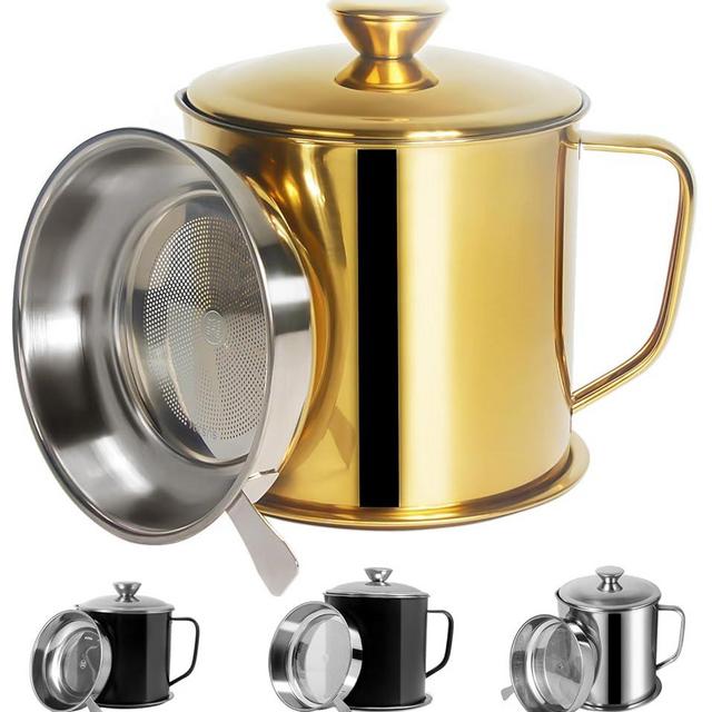 Tellshun Bacon Grease Container with Strainer 1.25 L / 42 oz Strong Kitchen Catcher Food-grade Stainless Steel Cooking Oil Keeper with Lid and Easy-Grip Handle Suitable for Storing Frying Oil