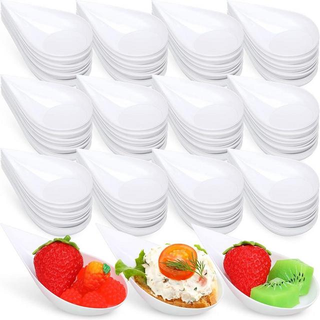 Gandeer 300 pack 4inch Tear Drop Mini Appetizer Plates Spoons Plastic Tasting Spoons, Dessert Bowls & Mini Dessert Containers Disposable Catering Supplies for Parties & Events(White)