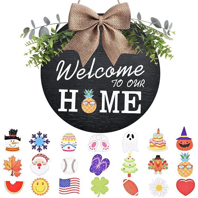 Interchangeable Welcome Home Sign, Seasonal Front Porch Door Decor With 21 Changeable Seasonal Icons for Halloween /Christmas/Independence Day, Rustic Wood Wall Hanger for Housewarming Gift (12") (Black)