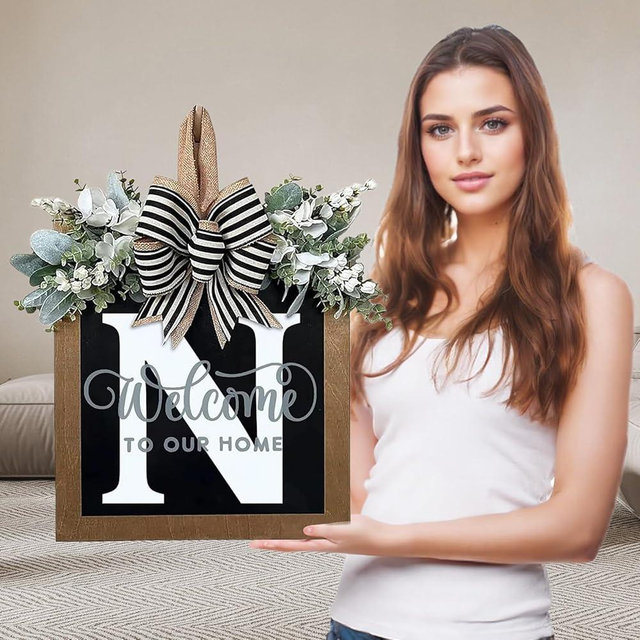 Ultra Large 14'' Last Name All Year Round Front Door Wreath with 26 Initial Letter Welcome Sign All Seasons Eucalyptus Garland and Bow Wreaths for Front Door Porch Farmhouse Decoration (N)
