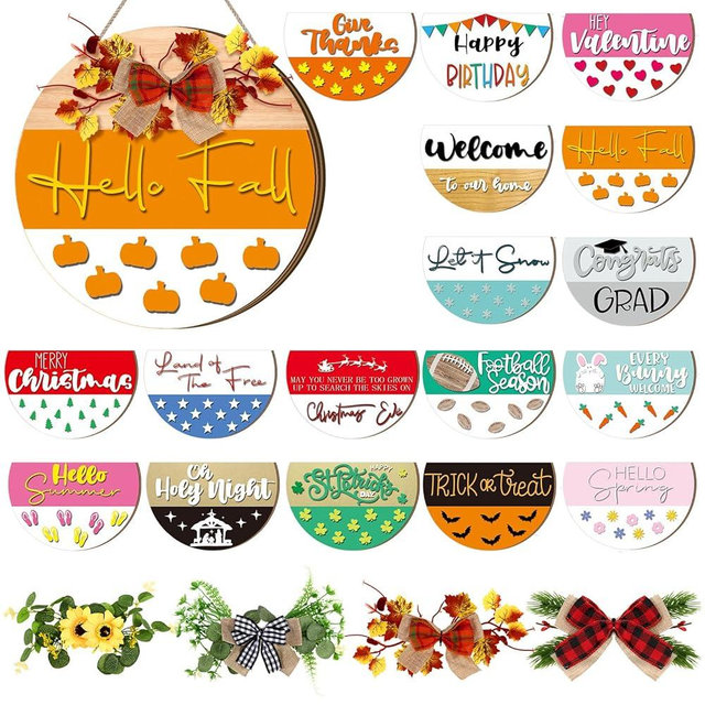 Vicenpal 22 Pcs Interchangeable Welcome Sign for Front Door with 17 Magnetic Icon Wooden Seasonal Front Porch Door Decor with 4 Seasonal Wreaths for Holiday Halloween Christmas Gift (Black,Cute)