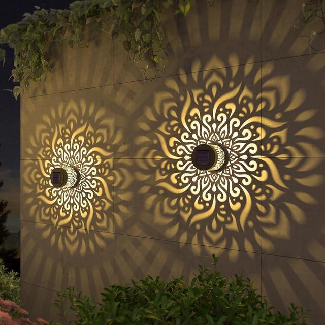 gardencave 2 Pack Solar Fence Lights Solar Outdoor Wall Lights Metal Solar Powered Deck Step Lights Mandala Theme Waterproof Fence Solar Light for Garden Post Patio Backyard Yard Decor (2 Pack)