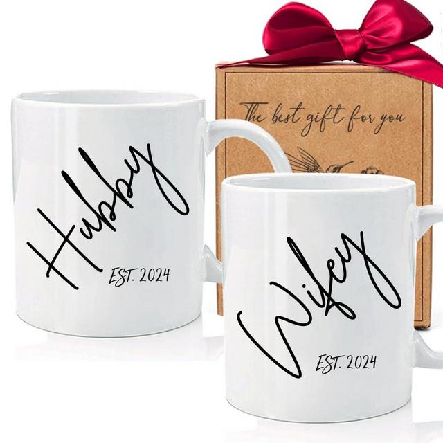 Qupoomafu Est 2024 Hubby & Wifey Mugs Set, Announcement to be Newlywed Mug Set, Wedding Engagement Anniversary Bridal Shower Couples Mugs Set Gift, Wedding Gift to Give Newlywed-11