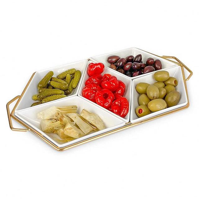 Appetizer Serving Tray with Handles - Eco-Friendly Party Platter for Fruit, Condiments, Cheese, Veggies and Snacks - White & Gold Durable Ceramic Dinnerware Set – Best Gift for Mom / Wife