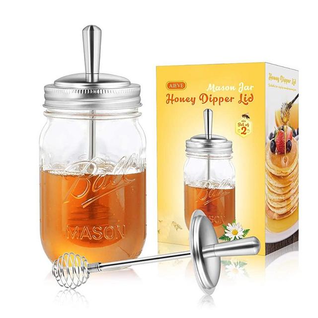 AIEVE Mason Jar Honey Dippers, 2 Pack Stainless Steel Honey Sticks Lid Honey Spoon Honey Dipper Mason Jar Topper Honey Dipper Lid for Regular Mouth Mason Jars Ball Jars Honey Jar (Jar Not Included)