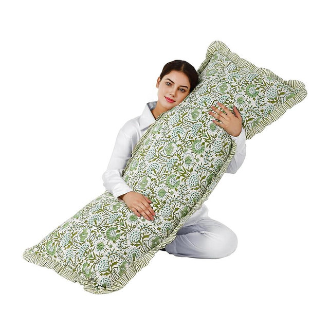 CPC Agate Green 100% Cotton Block Print Ruffle Sham Cover 20X54 inch, Handmade Boho Floral Pillowcase, Farmhouse Cottagecore Bedding, Soft Decorative Cushion Cover for Bedroom Décor