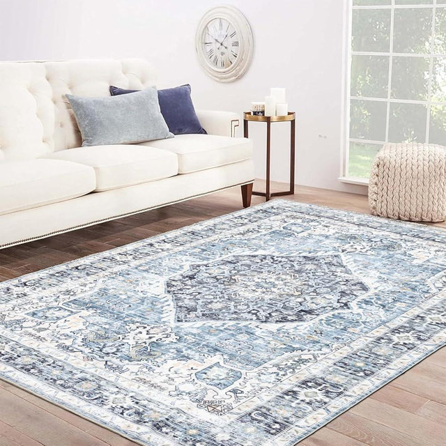 Domitapis Area Rug 6×9, Large Vintage Boho Rug,Ultra-Soft Low Pile, Washable, Non Slip,Stain Resistant, Printed Carpet for Living Room Bedrooms Playroom Office Kitchen, Light Blue