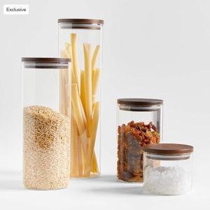 FULL SET Crate and Barrel Dark Acacia Wood Glass Canister with Bamboo Lid | Crate & Barrel