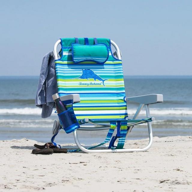 Tommy Bahama 5 Position Beach Chair, Zippered Insulated Cargo Pouch, Cup and Cell Phone Holders, Towel Bar, Pillow for Extra Comfort, Heavy-Duty Weight Capacity, 2-Pack (Aqua Stripes)
