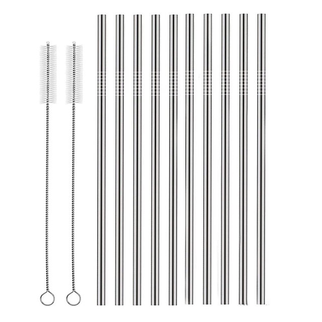 Set of 10 Stainless Steel Straws, HuaQi Straight Reusable Drinking Straws 10.5'' Long 0.24‘’ Dia for 30 oz Tumbler and 20 oz Tumbler, 2 Cleaning Brush Included (10 Straight Straws + 2 Brushes）