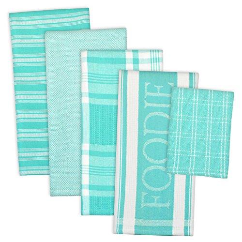 Kitchen Towel Set with 2 Quilted Pot Holders, Oven Mitt, Dish Towel, Dish  Drying Mat, 2 Microfiber Scrubbing Dishcloths (Turquoise)