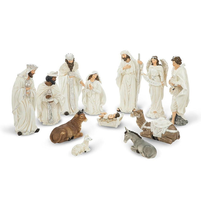 Glitzhome 15.5 Inch Oversized Nativity Sets for Christmas Decor Set of 12 Nativity Scene Collectible Figurine Sets for Tabletop Decor Xmas Resin Ivory Nativity Figurines Set Animals Figurines