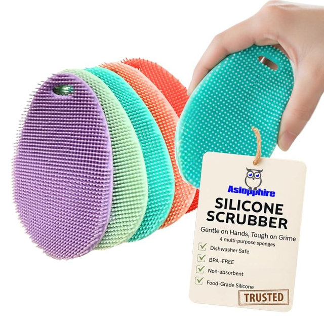 Silicone Sponge Dish Scrubber - Food Grade Silicone Dish Scrubber and Housecleaning - BPA Free Silicone Kitchen Scrubber [5 Pack Ovals Spring]