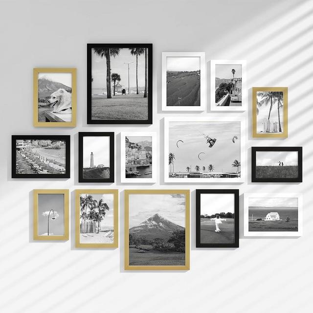 Venusmiles 15 Pack Picture Frames Collage Wall Decor, Gallery Frame Set for Wall Mounting or Tabletop Display, Multi Sizes Including 3pcs 8x10, 6pcs 5x7, 6pcs 4x6, Black+White+Gold