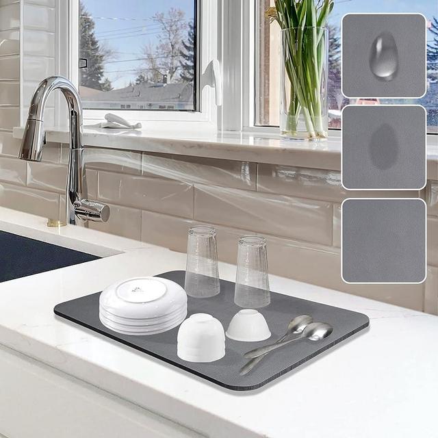 Dish Drying Mat for Kitchen Counter, Dish Drying Pad with Non-slip Rubber Backed, Hide Stain Anti Absorbent for Kitchen Counter, Drying Mat for Coffee Machine Dish Rack, 12"x19" Grey