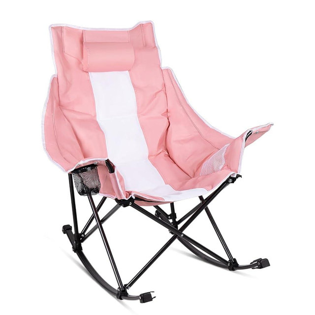 PRETZI Oversized Rocking Camping Chair, Padded High Back Portable Outdoor Rocker with Headrest & Side Cup Holders, Foldable Lawn Chair with Carry Bag for Patio, Picnic & Travel, 300 lbs Capacity, Pink