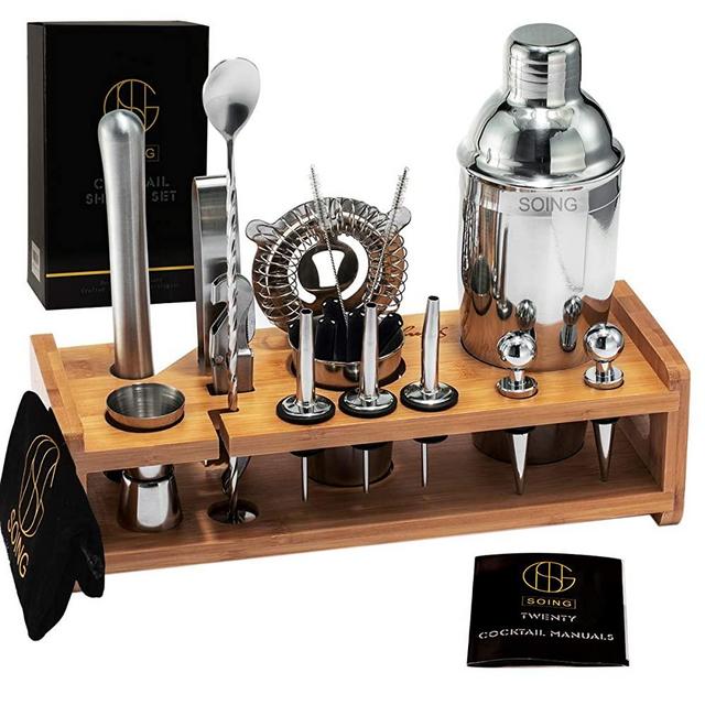 Soing 24-Piece Cocktail Shaker Set Perfect Home Bartending Kit for Drink Mixing，Stainless Steel Bar Tools With Stand，Velvet Carry Bag & Recipes Included