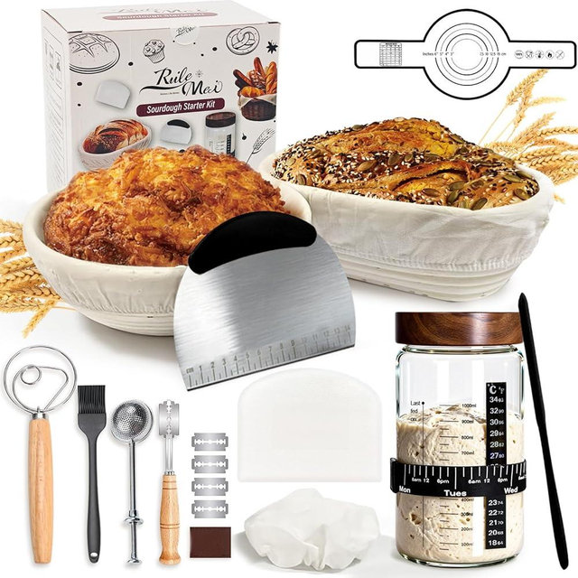 Sourdough Starter Kit,40oz Sourdough Starter Jar with Wooden Lid,2 Banneton Bread Proofing Baskets (9”Round & 10”Oval),Bread Making Supplies Tools,Sourdough Bread Baking Supplies,for Baking Beginners