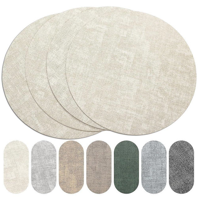 Round Placemats Set of 4, Reversible Faux Leather Heat Resistant Table Mats, 100% Waterproof Oilproof Wipeable Table Protective Placemats for Vinyl, Washable for Indoor & Outdoor Use (4, Beige)
