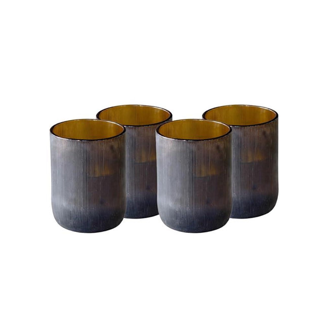 IWAS Upcycled Short Amber Drinking Glasses, Short, 8.45 oz / 250 ml, Set of 4 Rustic Grooved Cups, Handcrafted Sustainable Glassware