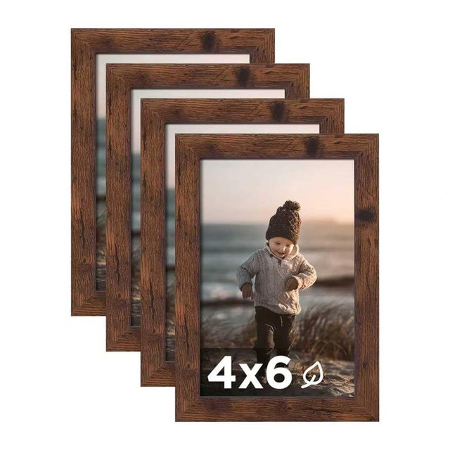 KINLINK 4x6 Picture Frame Rustic Brown Set of 4, Wooden Photo Frames with Plexiglass for 4x6 without Mat for Table and Wall Display