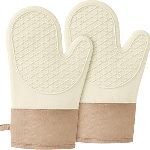Silicone Oven Mitts，Heat Resistant up to 500°F, Oven Gloves with Soft Lining, Non-Slip Kitchen Essentials, Kitchen Gadgets, Apartment Essentials, Great Gift for Cooking (beige-1pair)