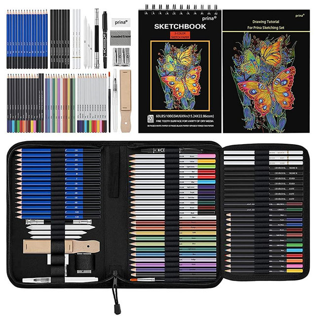 Prina 76 Pack Drawing Set Sketching Kit, Pro Art Sketch Supplies with 3-Color Sketchbook, Include Tutorial, Colored, Graphite, Charcoal, Watercolor & Metallic Pencil, for Artists Adults Teens Beginner