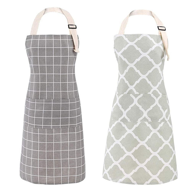 Tosewever 2 Pack Cotton Adjustable Bib Apron for Women, Cooking Kitchen Aprons with Pockets BBQ Drawing, Mom Woman Men Chef (Cotton - Grey/Green, 2)