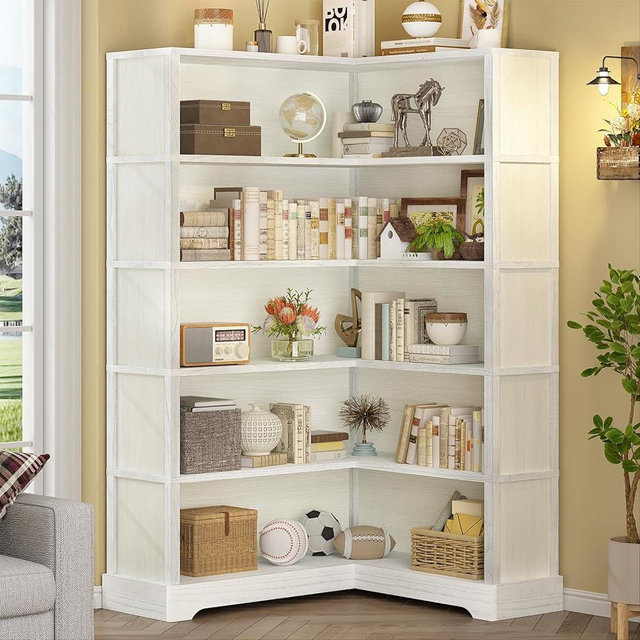 TVU Wood Corner Bookcase, 5 Tier 65 Inch Tall Bookshelf with Storage, Floor Standing Display Book Shelf for Living Room, Kitchen, Home Office (Antique White)