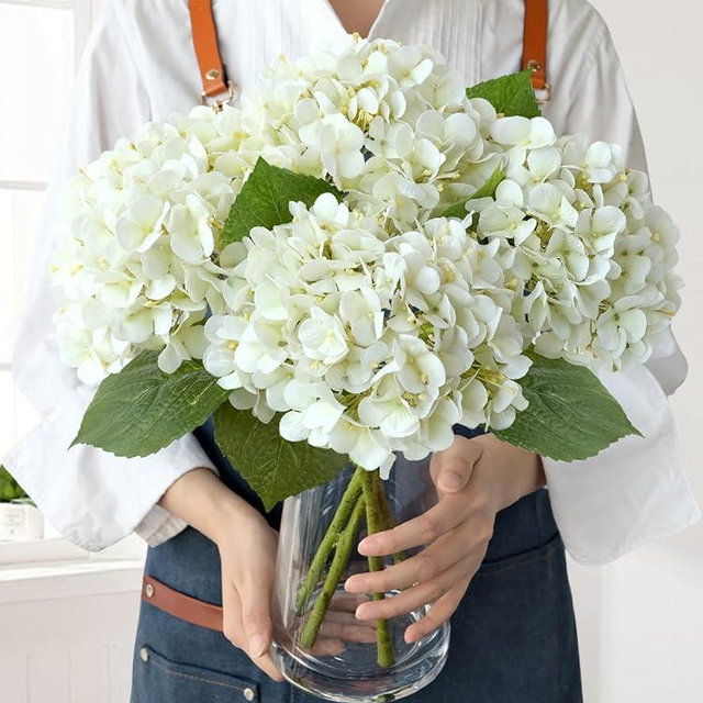 JINWOE White Flowers Hydrangea Artificial Flowers, 4Pcs 20" Real Touch Lifelike Faux Silk Flowers, Full Fake Artificial Hydrangeas with Stems for Bouquet Table Centerpieces Spring Home Decoration