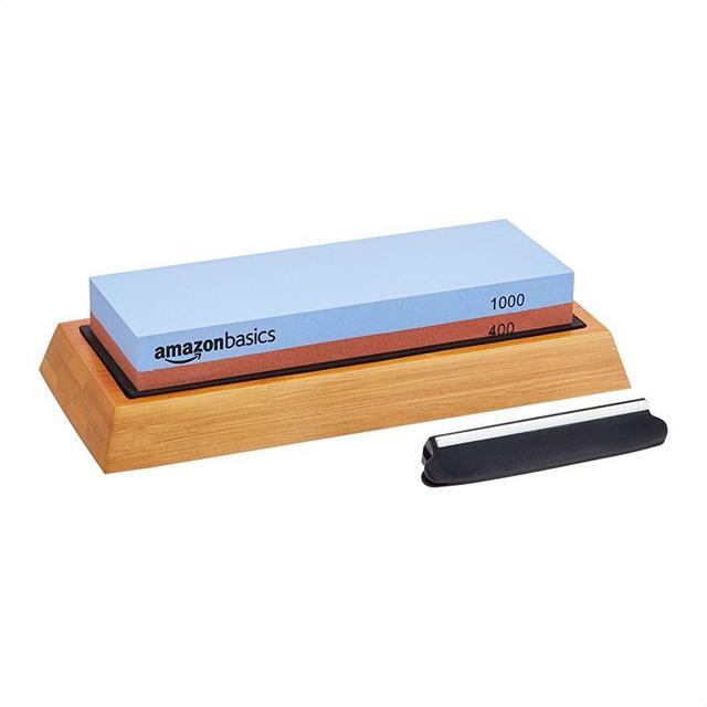 Amazon Basics Whetstone Knife Sharpening Wet Stone - Dual-Sided 400/1000 Grit with Non-Slip Bamboo Base
