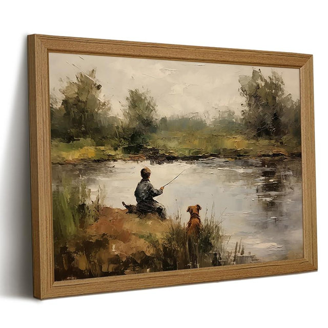 Vintage Boy Wall Art Fishing Nursery Wall Decor Dog Country Canvas Pictures Farmhouse Prints Boy Hunting Poster Kids Decor Fisherman Landscape Painting for Home Bedroom 12x16 Inch Framed