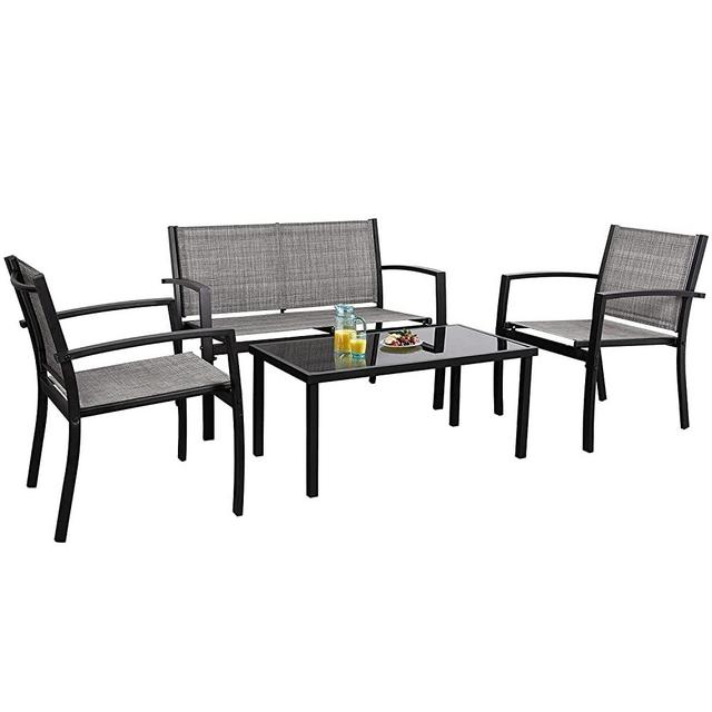 Flamaker 4 Pieces Patio Furniture Outdoor Furniture Outdoor Patio Furniture Set Textilene Bistro Set Modern Conversation Set Black Bistro Set with Loveseat Tea Table for Home, Lawn and Balcony (Grey)