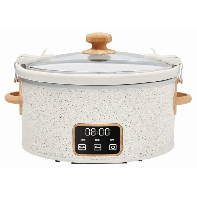 Pioneer Woman 6-Quart Digital Slow Cooker with Locking Lid – Linen Speckle, Programmable Settings, Portable & Easy to Clean (Linen Speckle)