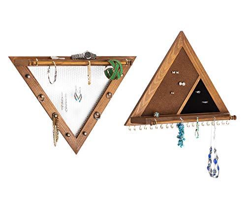 Wall-Mount Jewelry Organizer, Rustic Wooden Creative Triangles or Mountain Jewelry Holder with Shelves, for Bracelets, Bangles, Earrings, Rings, with Hanging Hooks for Necklaces, Solid Wood, Set of 2