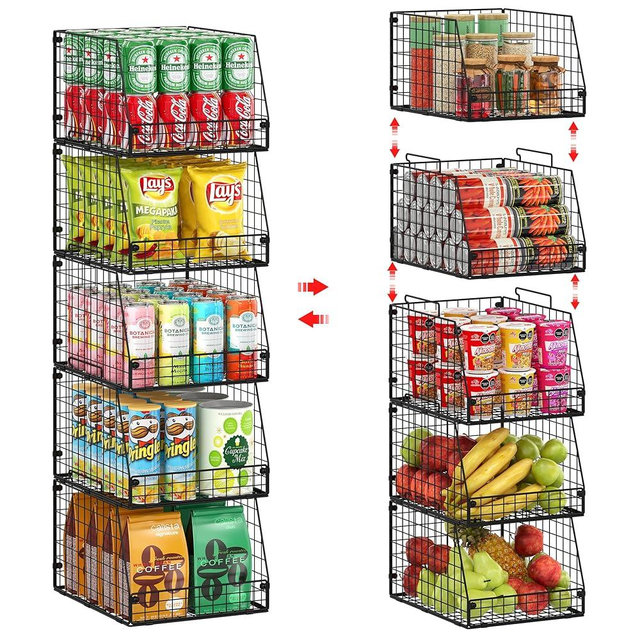 5 Pack XXL Stackable Wire Storage Basket, Extra Large Capacity Pantry Organizer and Storage, Muti-Purpose for Fruit Vegetable Basket & Toy Bin & Snack Organizer