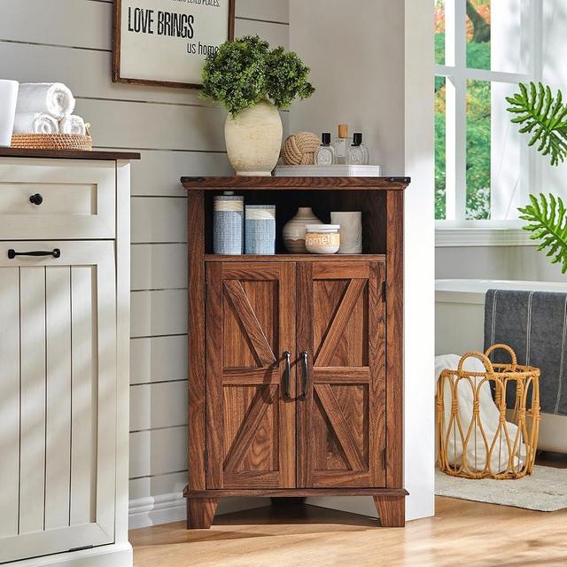 ACCOHOHO Corner Bathroom Cabinet, Farmhouse Small Cabinet with Barn Door & Adjustable Shelf, Storage Cabinets for Bathroom, Kitchen & Living Room, Brown