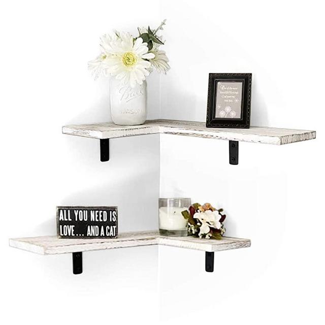 DK Design Co. Corner Wall Shelves Rustic Wood Floating Shelves, Wall Mount Shelves for Bedroom Bathroom Kitchen Living Room, Set of 2, Rustic White