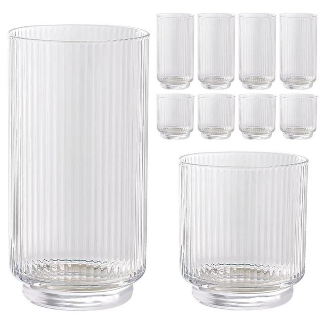 WeirdUncle Set of 8 Ribbed Glass Cups with Crystal Base,4 Highball Glasses 18oz & 4 Rocks Drinking Glasses 9oz, Art Deco, for Water, Iced coffee, Cocktail, Juice, Whiskey, Gift