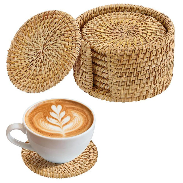 8pcs Natural Handmade Rattan Coasters with Holder - Wicker Drink Coasters Set for Protecting Table, Housewarming Gifts Boho Fall Home Décor
