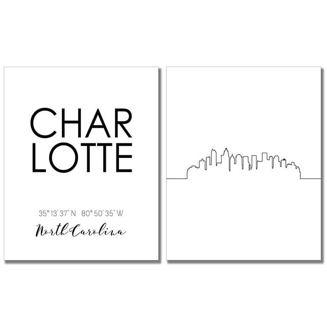 Charlotte City Skyline Wall Décor Prints - Set of 2 (8x10) Art Photos - Typography Minimalist Poster