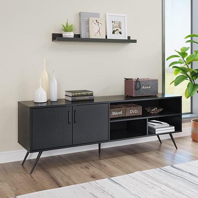 Panana Modern TV Stand, Entertainment Center with Storage Cabinet and Open Shelf Television Stands for 55 60 65 70 inches TV, 3 Open Cubby Shelves Media Console Table Black TV Stands for Living Room