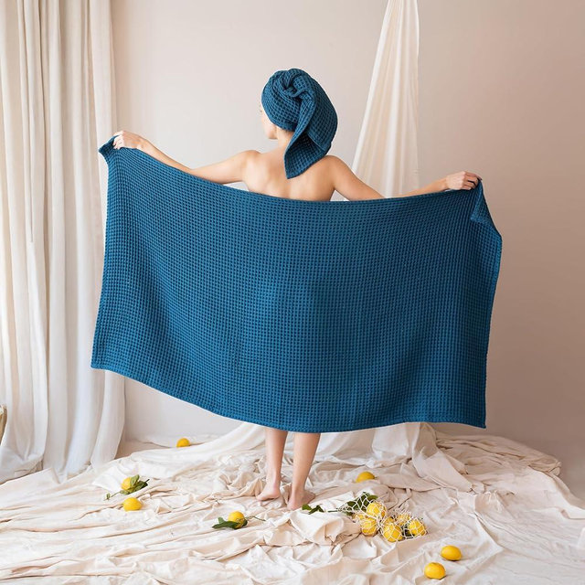 Viva Maison 2-Piece Waffle Towels Set for Bathroom Indigo Blue - Soft 100% Turkish Cotton Quick-Dry Lint-Free Waffle Weave Thin Bath and Hand Towels (Indigo, Set of 2 Mix Towels)