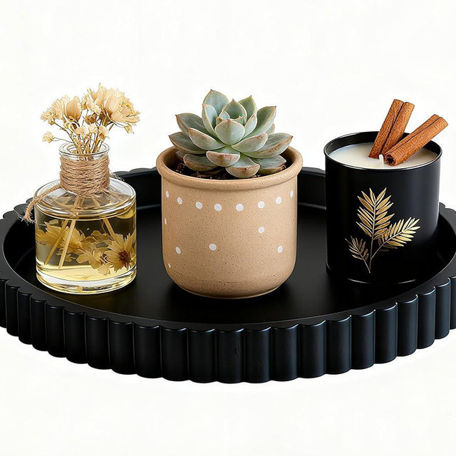 Charcoal Black Decorative Tray for Coffee Table Tray Decor - Concrete Round Decorative Trays for Home Decor - Circle Fluted Centerpiece Tray - Bandejas Decorativas