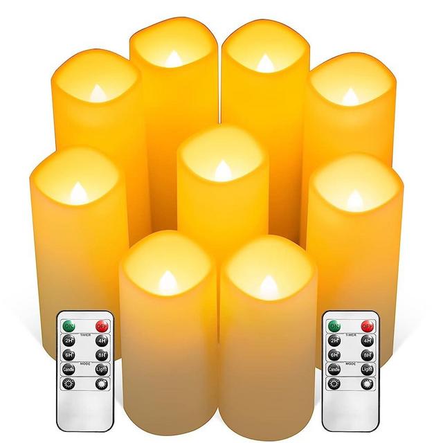Nimiko Flameless Candles with Remote, Single-Battery Operated Candle with 10-Key Remotes LED Exquisite Flameless Candles for Waterproof Outdoor Indoor Ivory Plastic Pack of 9 (D: 2.2" x H: 4" 5" 6")