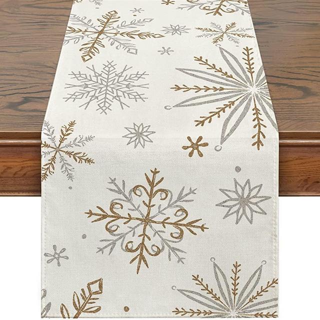 Siilues Christmas Table Runner, Snowflake Decorations White Gold Christmas Runner for Table Seasonal Chriatmas Winter Holiday Decor for Indoor Outdoor Dining Table Decorations (13" x 72")