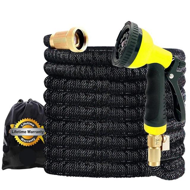 J&B XpandaHose 100ft Expandable Garden Hose with Holder - Heavy Duty Superior Strength 3750D - 4 -Layer Latex Core - Extra Strong Brass Connectors and 10 Spray Nozzle w/Storage Bag (Black 100)