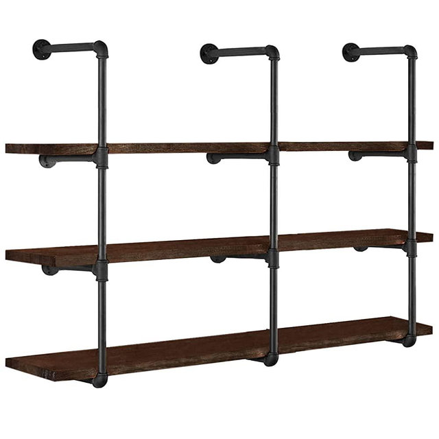 HITOMEN 3Pc (42" Tall 12" Deep) Industrial Iron Pipe Shelves Shelf Brackets Black Vintage Retro Shelving Wall Mounted DIY Open Bookshelf Rustic Farmhouse Kitchen Storage (3 Pcs 4 Tiers Hardware Only)
