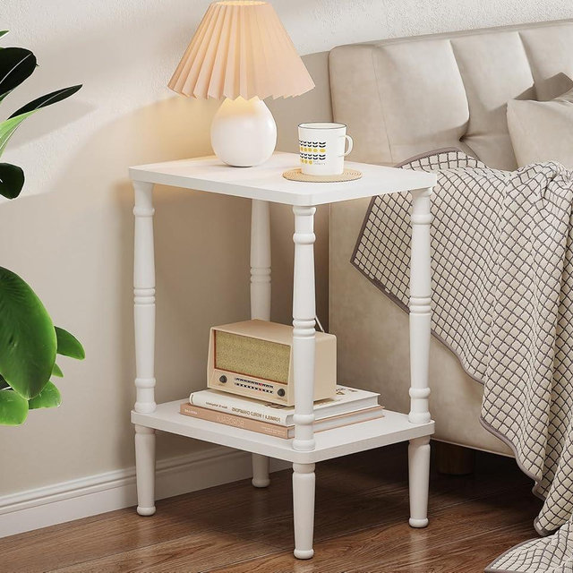 LUCKNOCK Small Side Table for Small Spaces, Vintage End Table, Narrow Couch Side Table with Storage, Skinny Nightstand Bedside Table for Bedroom, Living Room, Farmhouse, No-Tool Assembly. (White)