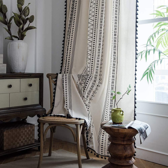 ColorBird Geometric Semi-Blackout Window Curtains Bohemian Style Cotton Linen Curtain Panel with Pom Pom Rod Pocket Window Treatments for Dining Living Room Bedroom (52" W x 95" L, Cream)